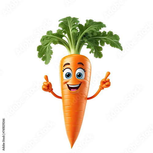 3D tiny cartoon character of carrot with eyes, arms, legs on white transparent background. promote healthy kid's eating, nutrition education, children's books, fun mascot to sell vegetables