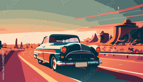 Vintage car on the road in a America 