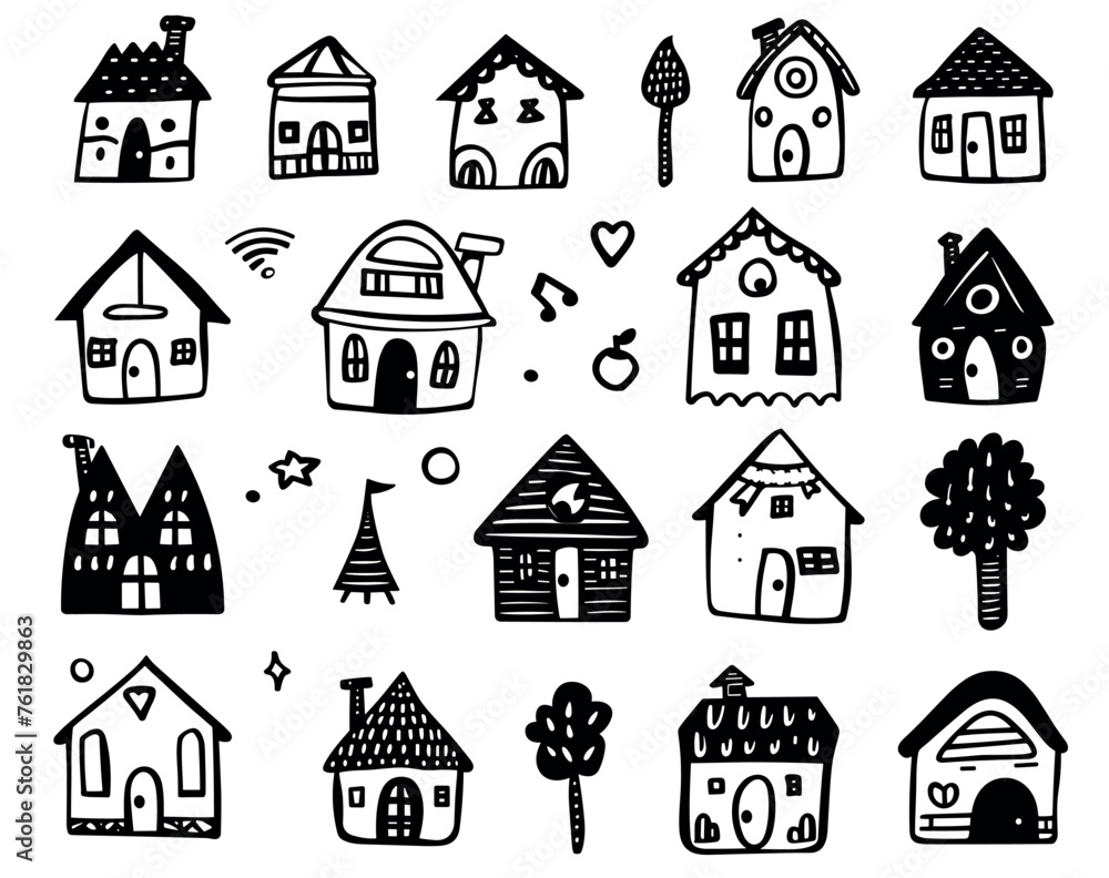 Rustic houses icons set, hand drawn vector illustration in doodle style isolated on white background. Handdrawn cute home logo collection. Vector Illustration. Doodle Style