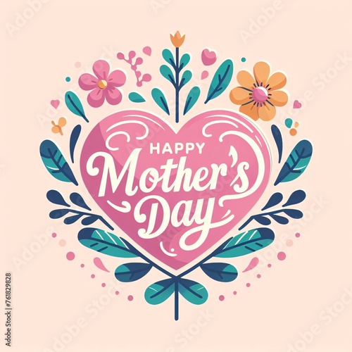 logo showcases heart shaped floral bunch, Happy Mother's Day in graceful cursive font, lively pastels, generative ai