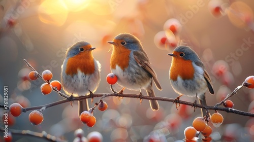Group of robin birds sitting on a branch of blooming apricot tree