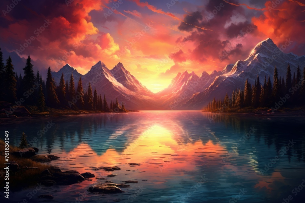 Picturesque Mountains art sunset lake. Landscape view. Generate Ai