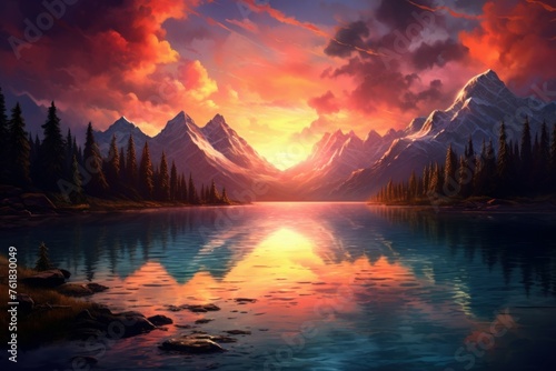 Picturesque Mountains art sunset lake. Landscape view. Generate Ai