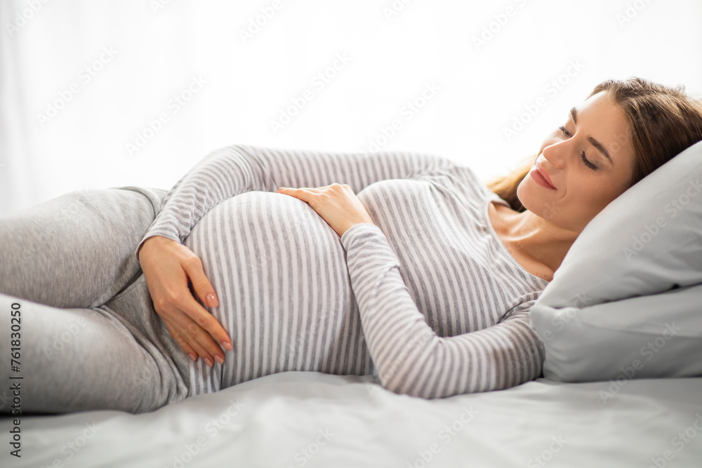 Beautiful Young Pregnant Woman Embracing Belly While Lying On Bed In Bedroom Beautiful Young Pregnant Woman Embracing Belly While Lying On Bed In Bedroom