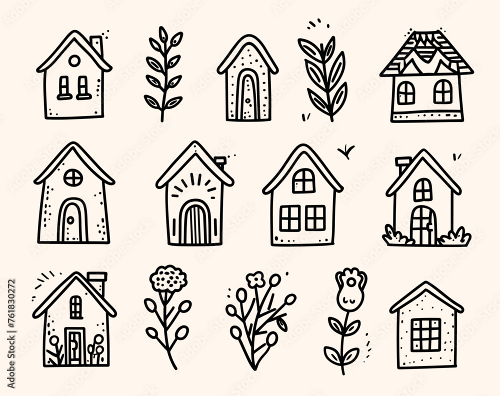 Rustic houses icons set in simple line art style, vector illustration Isolated on pastel background, hand drawn doodle flat design. Simple minimalistic black outline icon collection of cute rustic