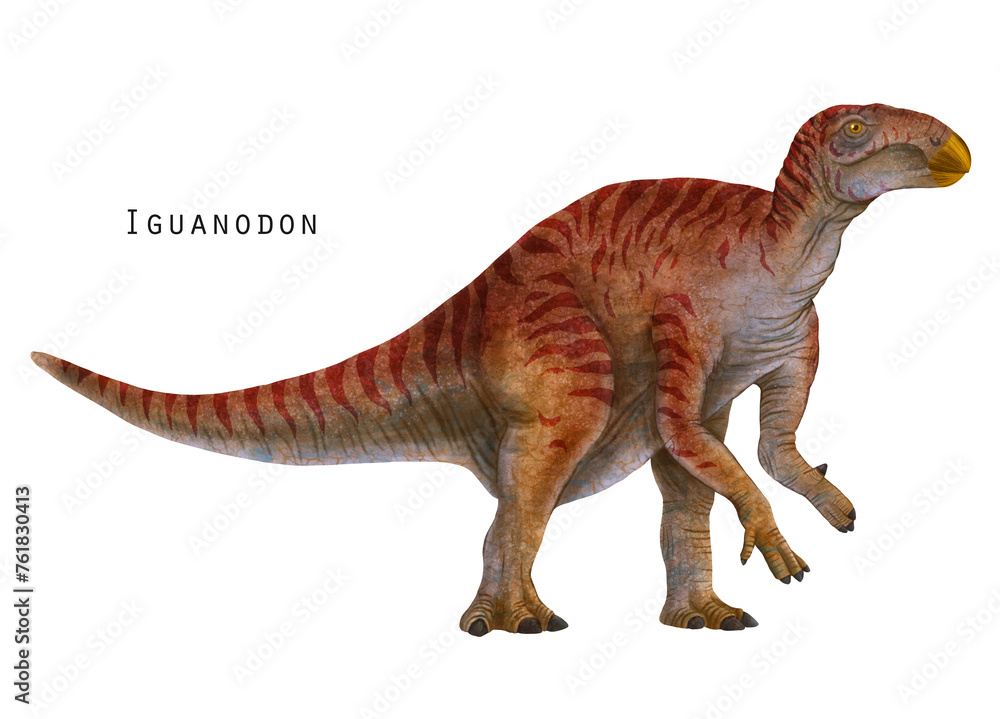 Iguanodon illustration. herbivorous dinosaur. Red dino art - obrazy, fototapety, plakaty 