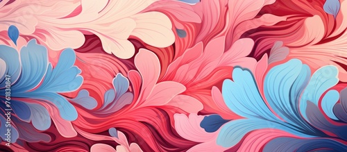 Abstract floral pattern in red, pink, and blue colors. © Vusal