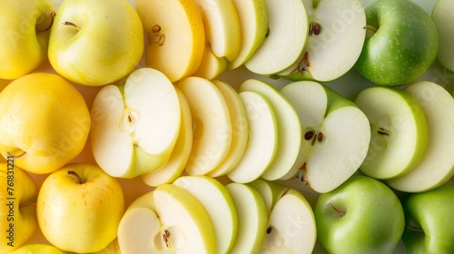 apples, fruits and petals (yellow and green variety of apples, cut into pieces slices). top food background. copy space
