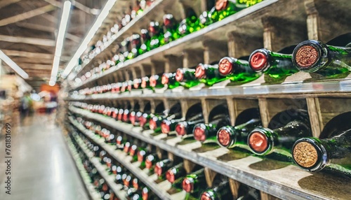 abstract blur wine bottles on liquor alcohol shelves in supermarket store background