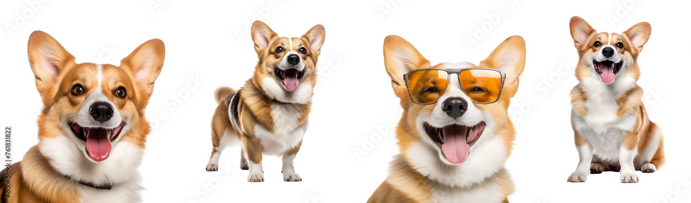 Happy corgi dog in action running sitting close up view playing with sunglasses, Isolated on Transparent Background, PNG