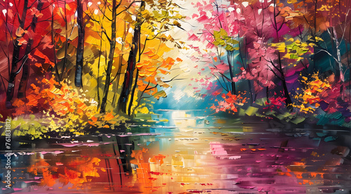 Vibrant Autumn Forest With Reflections on a Tranquil Lake at Sunset. Earth Day Concept