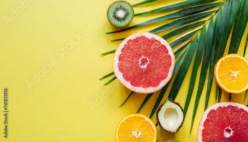 tropical sliced colorful fruit on yellow colored background top view in flat lay style healthy eating backdrop or summer sale banner
