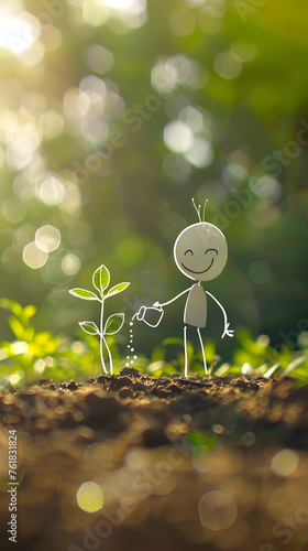 Whimsical Stick Figure Watering a Young Plant in Sunlit Forest Glade. Earth Day Concept