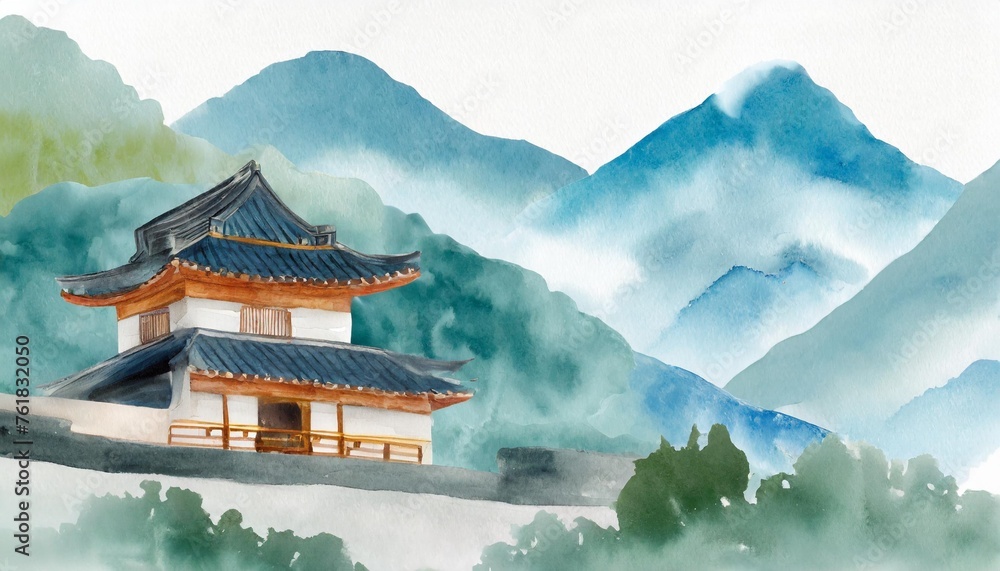traditional chinese house hill scenery landscape watercolor painting wallpaper oriental background