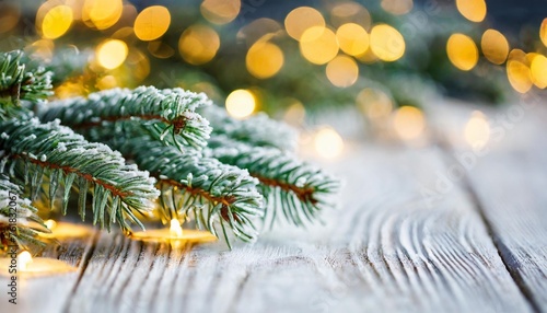 white christmas background with spruce frosty brunches and christmas lights photo
