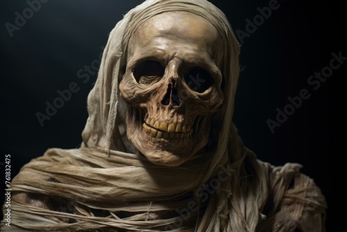 Preserved Ancient mummy skeleton. Zombie costume. Generate Ai