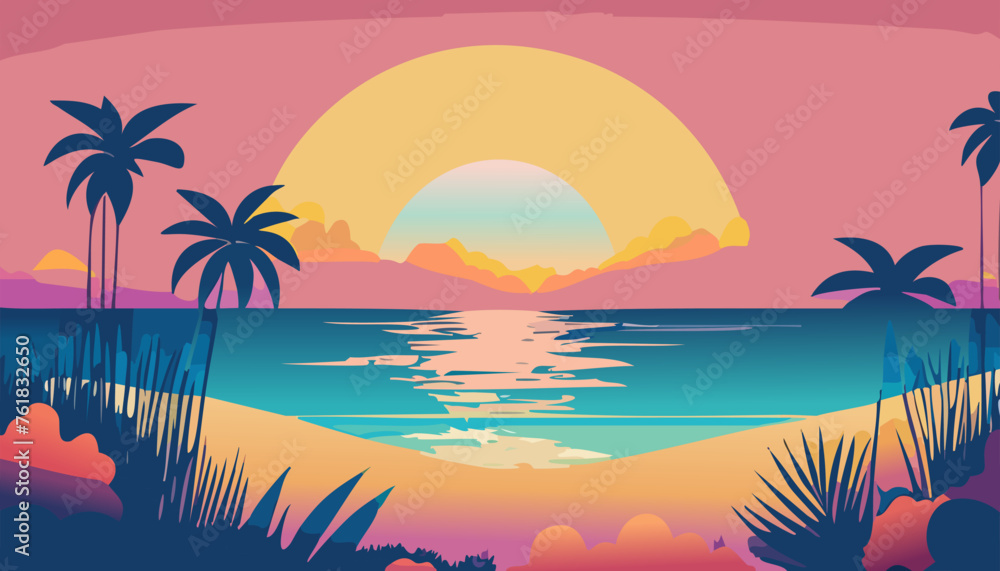 Tropical sunset with ocean and palm trees