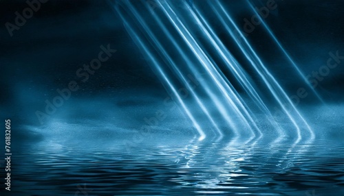 dark street wet asphalt reflections of rays in the water abstract dark blue background smoke