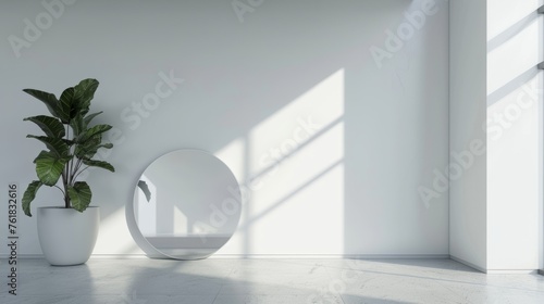 Sleek Minimalist Foyer with Circular Mirror and Indoor Plant