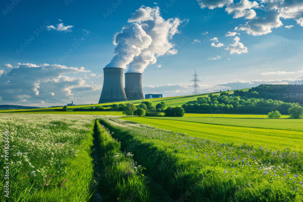 Nuclear power plant and landscape with green fields and blue sky. Generative AI