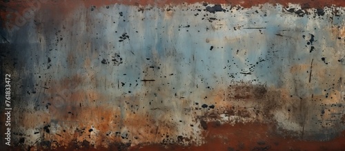 A detailed closeup of a weathered metal surface with rust patches resembling a piece of abstract art in a natural landscape setting