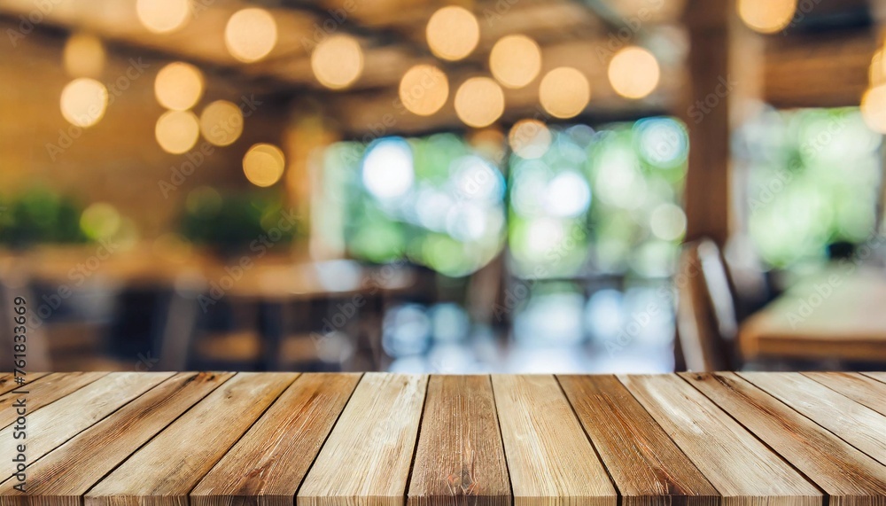empty wood table top with blurred bokeh cafe background blurred coffee shop interior background