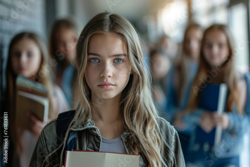 Teenage girl at school hallway, holds a book. Cheerful classmates girls in background. Generative AI