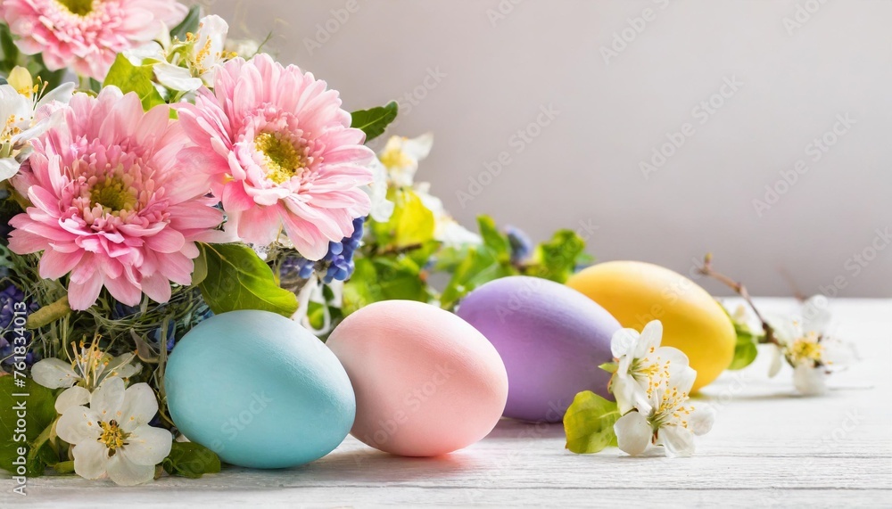 happy easter banner with colorful easter eggs and flowers in pastel colors on a white background with copy space for your text