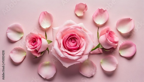 pink rose petals set on pastel pink background