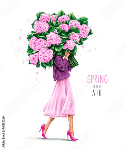 Woman holding large bouquet. Stylish girl with flowers. Fashion woman holding hydrangea bouquet. Spring concept. Fashion illustration 