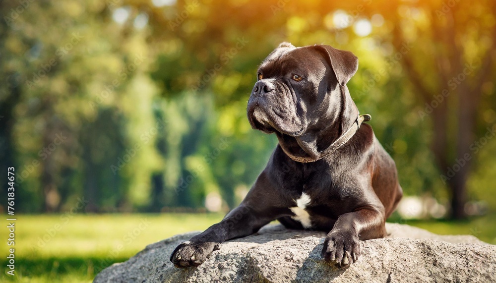 card with a huge dog on a grey stone in the sun in park cane corso in the role of lion king