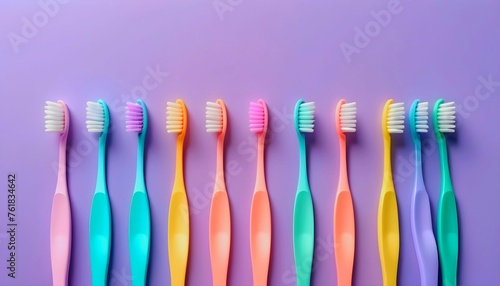 Different pastel tooth brushes pattern on isolated background. Many toothbrush choices for dental care and oral prevention hygiene. Family teeth care dentist concept created with generative ai photo