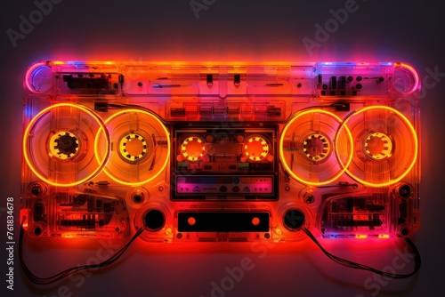 Illuminated Music cassette neon. Music radio. Generate Ai