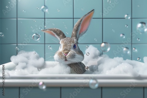 Cute Easter Bunny Taking a Bubble Bath photo