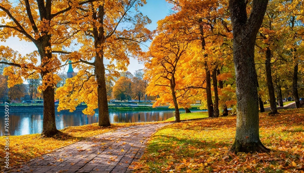 autumn in park in riga the capital of latvia in europe on baltic sea beautiful colors of fall golden leaves and magical atmosphere