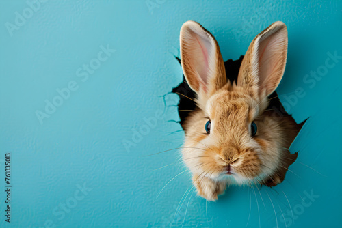 An Easter bunny peeking out of a torn hole in a blue wall, surrounded by a fluffy-eared bunny banner. Perfect for Easter and spring celebrations.