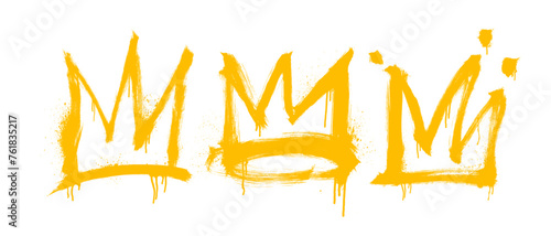 Spray painted graffiti yellow crown signs with drips. Graffiti drawing symbols isolated on white.