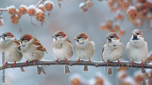 Group of sparrows sitting on a twig in the autumn