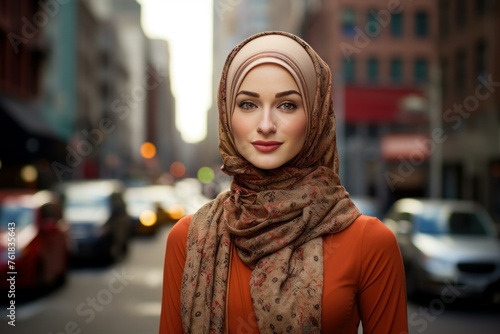 Unified Selfie of muslim woman. Street city photo in sunny day. Generate Ai
