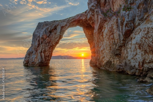 Natural Rock Arches in Ocean, Stone Arches Sunset View, Fantastic Coastline Landscape, Ocean Arches