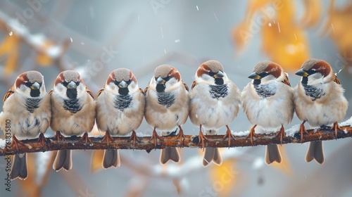 A group of sparrows sitting on a branch in winter.