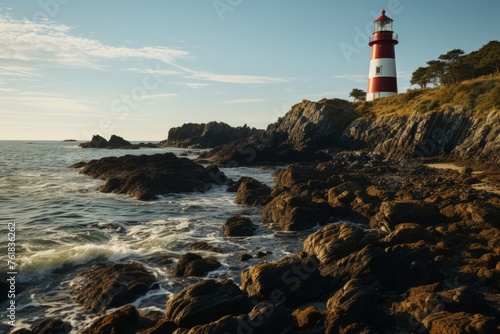 Red and white lighthouse on rocky cliff by ocean, under sky filled with clouds