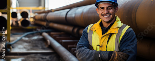worker stands in front of large gas pipes or sewage drain pipes photo