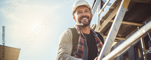Carpenter in helmet smile and working on roof