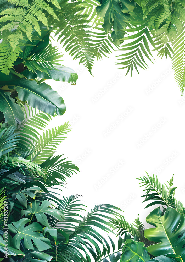 Tropical leaves and fern plant hedge isolated on a white background.