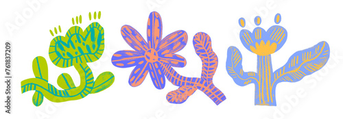 Colorful naive tribal flowers with charcoal drawn decoration. Hand drawn bold naive plant with doodle pattern. Abstract botanical illustration.
