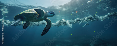 Turtle swimming in blue ocean full plastic waste.
