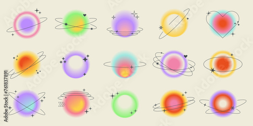 Y2k aesthetic blurred gradient aura hearts with linear circles, stars. Trendy set of modern blurry figures in brutalism style. Romantic transparent heart elements for social media background, posters