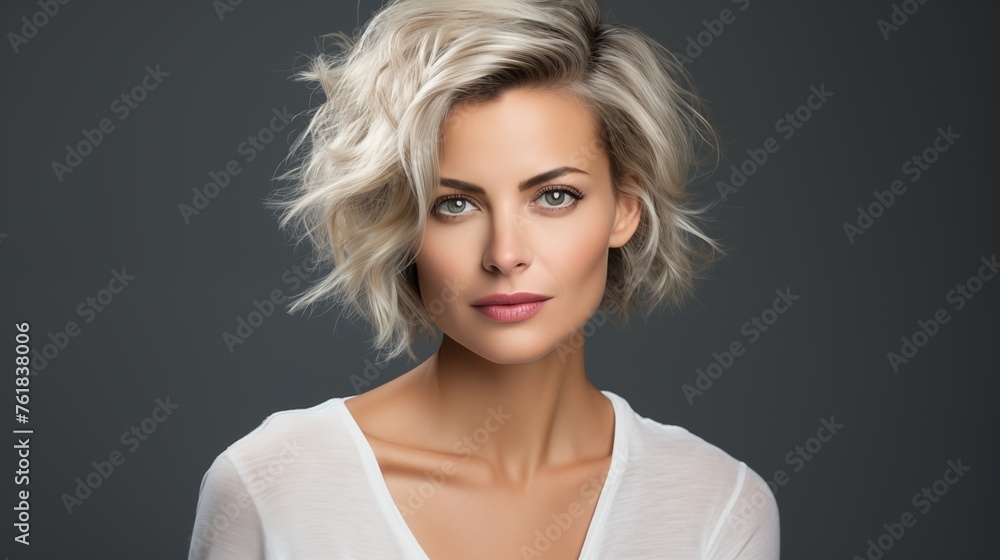 Studio image capturing the elegance of a mature white young woman, facing the camera against a gray background, with a Side swept hairstyle Studio image capturing the elegance of a mature white young woman, facing the camera against a gray background, with a Side swept hairstyle