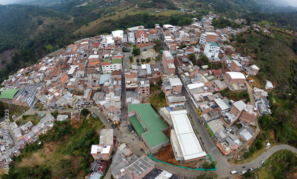 Caicedo, Antioquia - Colombia. March 17, 2024. Aerial drone view of the town, with a population of 7,608 inhabitants.